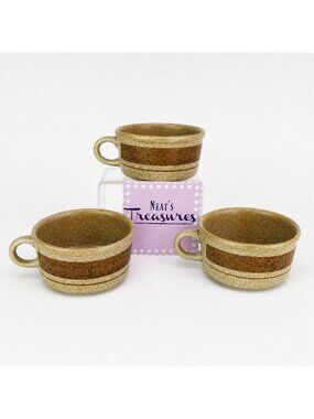 Pottery Craft USA #458 Beige Speckled Brown Stripe Ceramic Large Soup Mugs Set 3